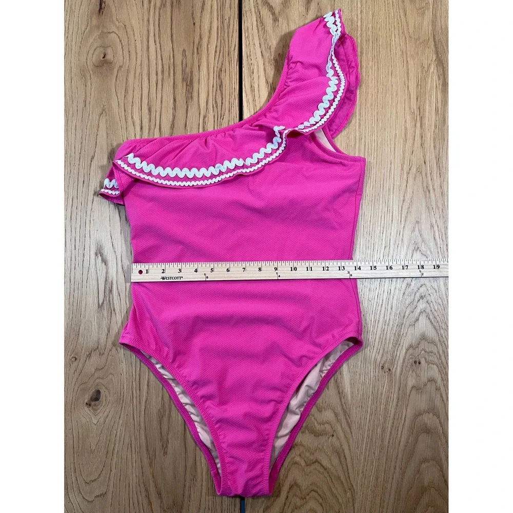 J.Crew One-Shoulder Ruffle One-Piece Swimsuit Womens 10 Pink Rickrack Preppy